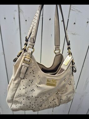 Coach Iridescent Beige Leather Hobo Bag | Floral Cutout | Purple Satin Lining |